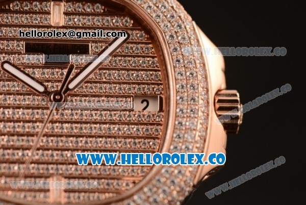 Patek Philippe Nautilus Miyota 9015 Automatic Diamonds/Rose Gold Case with Diamonds Dial and Sapphire Crystal Markers (AAAF) - Click Image to Close
